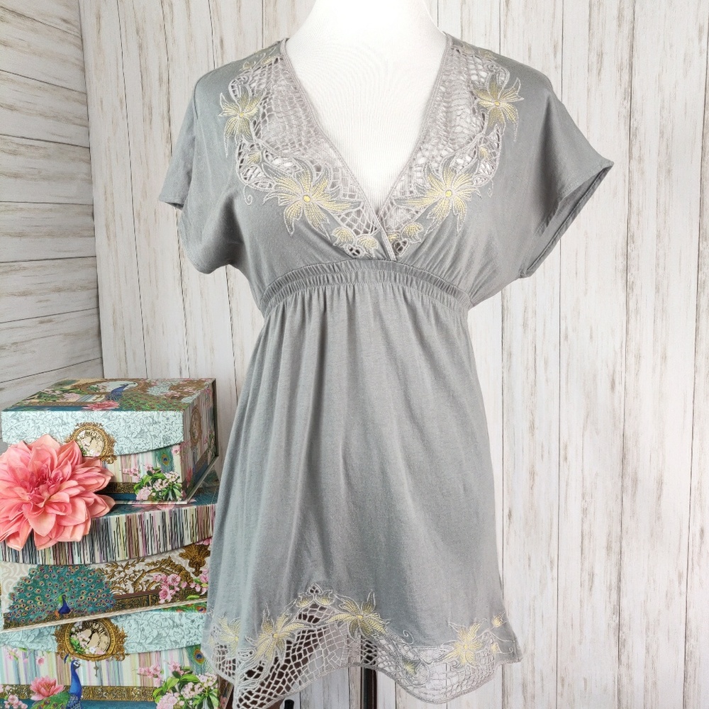 BCBG gray crocheted dolman tunic top
